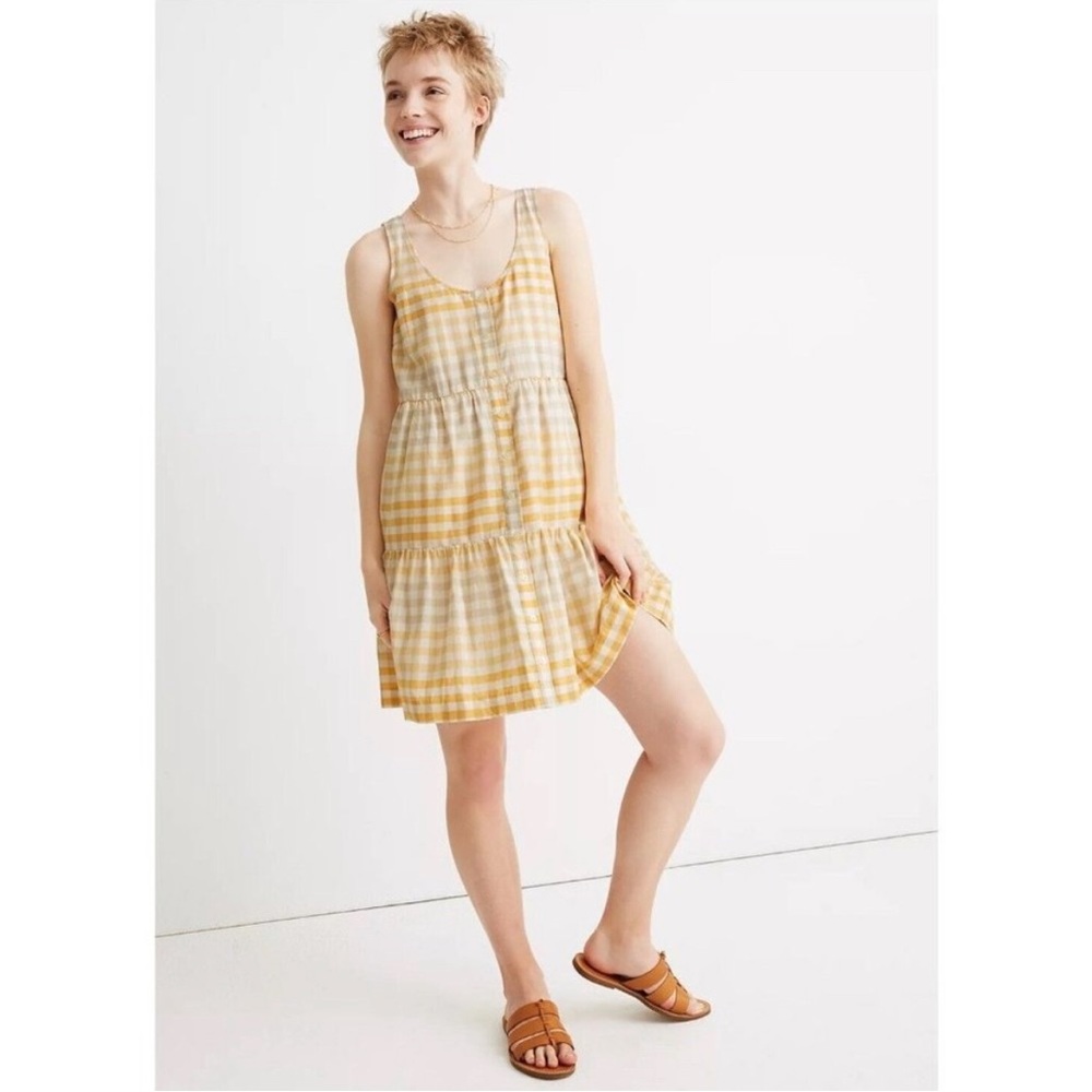 Madewell Yellow Tiered Gingham Dress